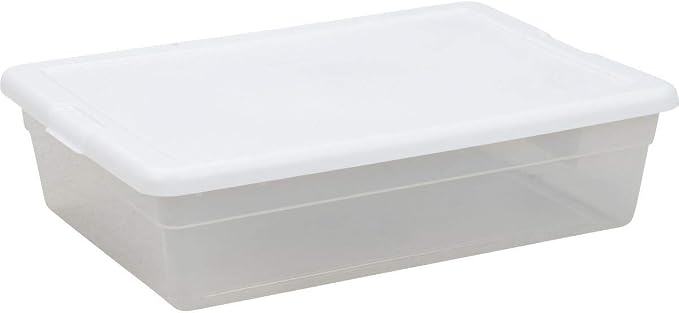 Sterilite 28 Qt Underbed Storage Box, Stackable Bin with Lid, Plastic Container to Organize, Bedroom, Clear Base and White Lid, 1-Pack
