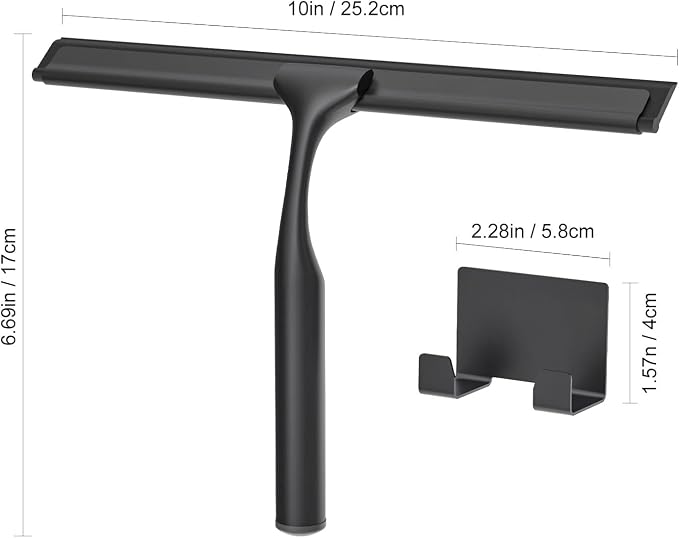 Stainless Steel Shower Squeegee for Glass Doors, Multi-Purpose Squeegee for Shower Glass, Bathroom and Car Windows, Squeegee with Adhesive Hook-10”, Black