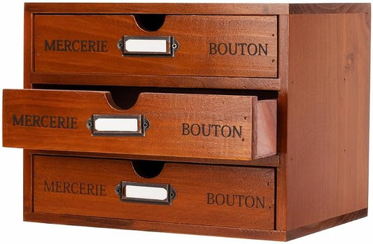 Small Wooden Drawers Wooden Box with Drawer Brown | 3 Drawer Storage Box for Apothecary Cabinet, Apothecary Drawers，Desktop Organizer with Metal Handles for Office，Home