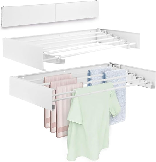 Wall Mounted Laundry Drying Rack, Carbon Steel Foldable & Retractable Clothes Drying Rack, Space Saving Adjustable Towel Holder for Bathroom, Laundry, Small Spaces (1, White, 31.5")
