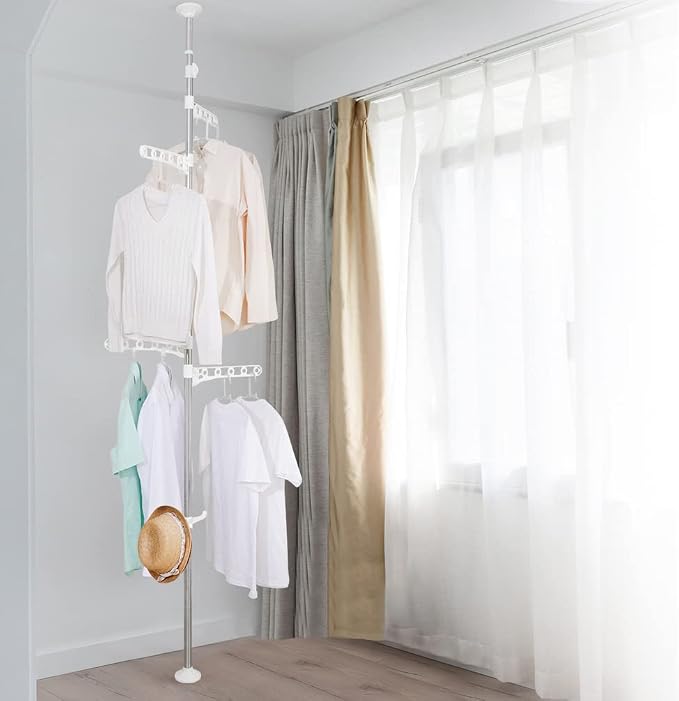 BAOYOUNI Telescopic Drying Rack Floor to CeilingAdjustable Metal Ivory | Corner Laundry Pole Coat Tree Hanger Metal Storage Organizer Stand with 4 Arms & 1 Hook Space Saving Tension Rod for Clothes