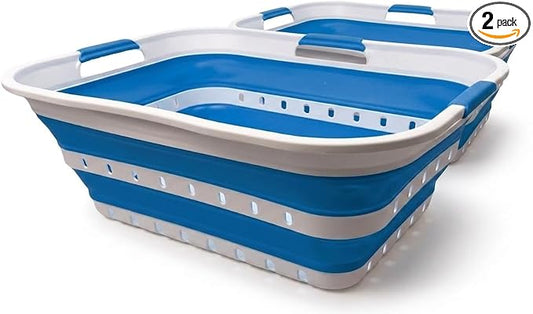 SAMMART 42L (11 gallon) Collapsible Plastic Laundry Basket - Foldable Pop Up Storage Container/Organizer - Portable Basket - Space Saving Hamper/Basket (2, Wt/Classic Blue)