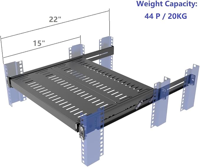 1U 4-Post Vented Sliding Rack Shelf Mounting Depth 15“-22" | Rack Mount Shelf 14-17" Deep with Adjustable Mounting Depth 15-22" for 19 inch AV/Network Equipment Rack,Unassembled (15-22)