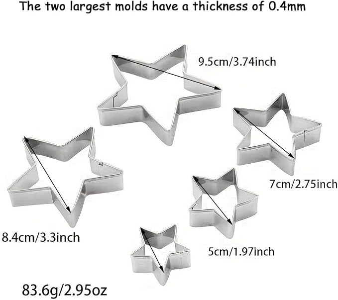 MrCookie Star Cookie Cutters Set,5pc Thickened Stainless Steel. | Sturdy stainless steel,food-grade.5 sizes 1.57-3.74in.For cookies,sandwiches,holiday.