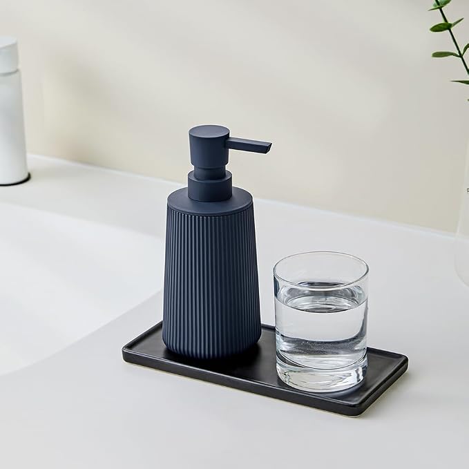 Small Soap Dispenser for Bathroom and Kitchen Matte Blue | Modern Farmhouse Striped Style Plastic Hand Soap Dish Soap Dispenser with Pump
