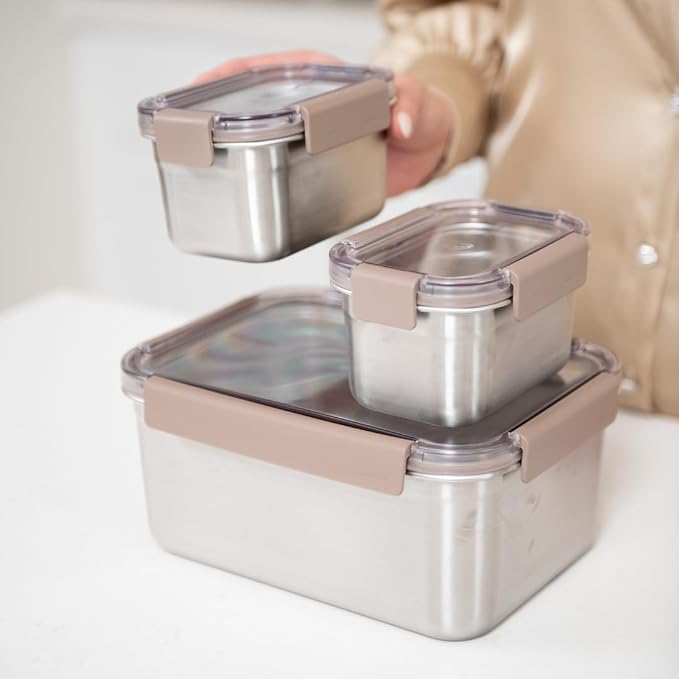 LocknLock Stainless Steel Food Storage Containers with Lids, Metal Lunch Boxes, Leak-Proof, Microwave, Freezer and Dishwasher Safe, 3-Piece Set, 2 x 520ml and 1 x 2800ml