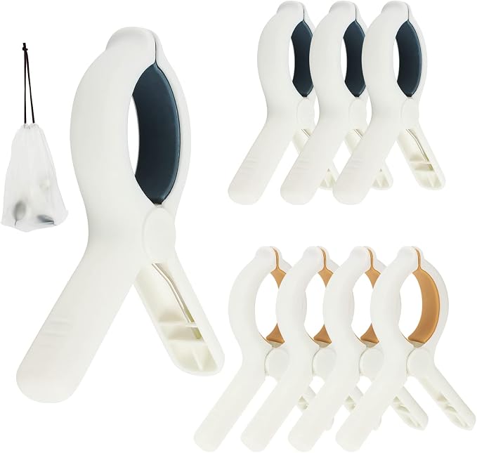 Beach Towel Clips for Beach Chairs Cruise, Strong Grip Clothes Pins Non-Slip Pool Chair Clips Plastic Quilt Drying Clip for Laundry Towel Clothes Blankets Set of 8, with Drawstring Bag(Blue+Khaki)