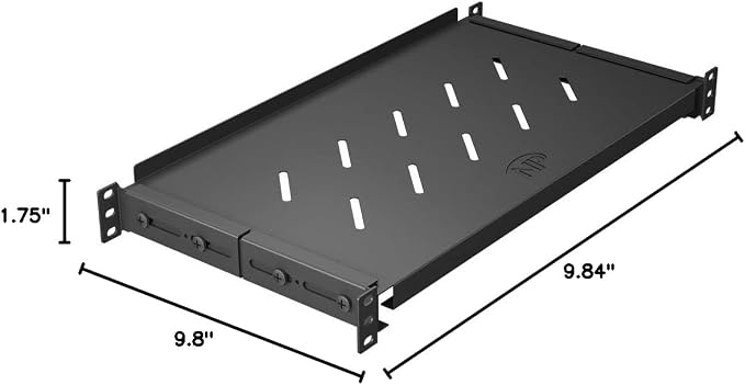 Vented 4-Post Shelf, Adjustable, Black, 250 mm Depth, 1U, 242 lbs, Cold Rolled Steel