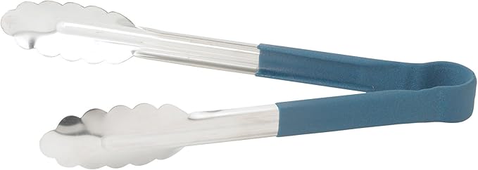 Winco 9" Stainless Steel Serving Tongs with Non-Slip Handle, Blue