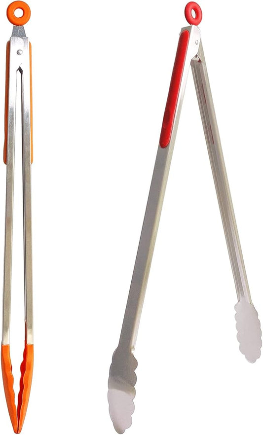 18 inch Extra Long Grill Tongs (1 orange +1 red), with Silicone Tip Head, Stainless Steel Barbecue Tongs with Long Handle, Large Sized Food Tong, Extended Serving Tong