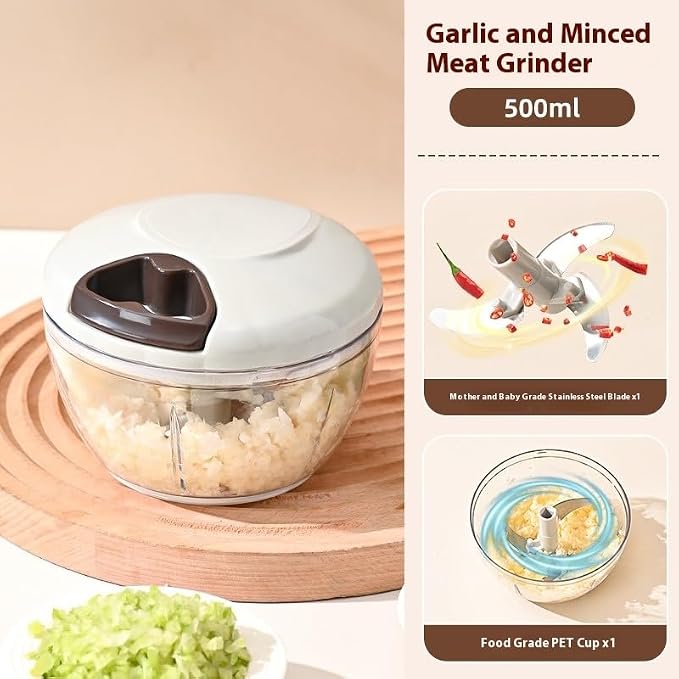 Food Chopper Hand Pull String Vegetable Cutter Onions Garlic Chopper Portable Food Mincer for Garlic Ginger Herbs Nuts Durable Kitchen Food Processor (500 ML)