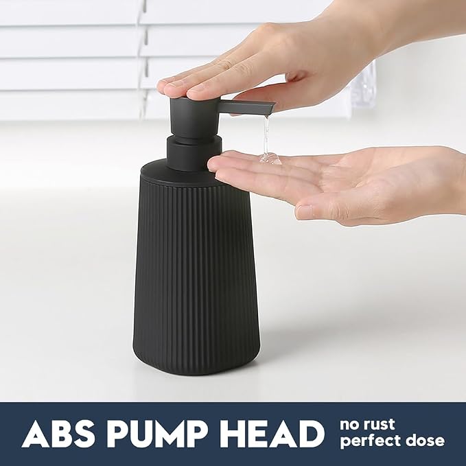 YAUKPH Small Soap Dispenser for Bathroom and Kitchen Matte Black | Modern Farmhouse Striped Style Plastic Hand Soap Dish Soap Dispenser with Pump
