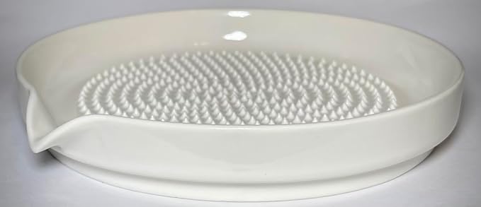 BonCera, Premium Ceramic Garlic Grater Plate 3-Piece Set - Large White Modern Design and Style - For Garlic, Ginger, Chocolate, and more! - Comes with 6" Plate, Peeler, and Brush