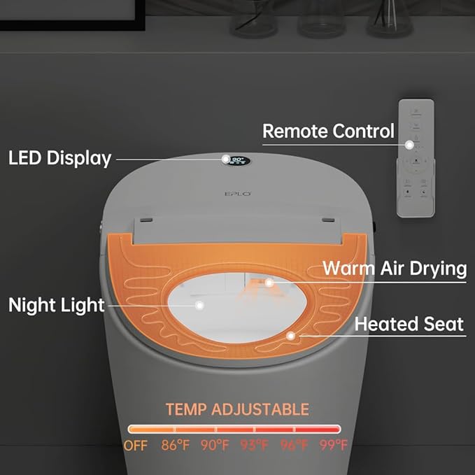 EPLO Smart Toilet,Bidet Toilet Pump-assisted,Blackout Flush,Heated Seat,Dual Auto Flush,Warm Water,Foot Sensor Operation,Modern Tankless Elongated Toilets with LED Display for Bathrooms E16BP