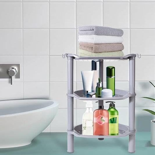 3 Tier Shower Caddy Corner,Plastic Shower Shelf Organizer for Inside Bathroom, Bathtub, Shower Pan, 13.5 x 10 x 26 Inches,Grey(Round Slot Grey 3 Tier)