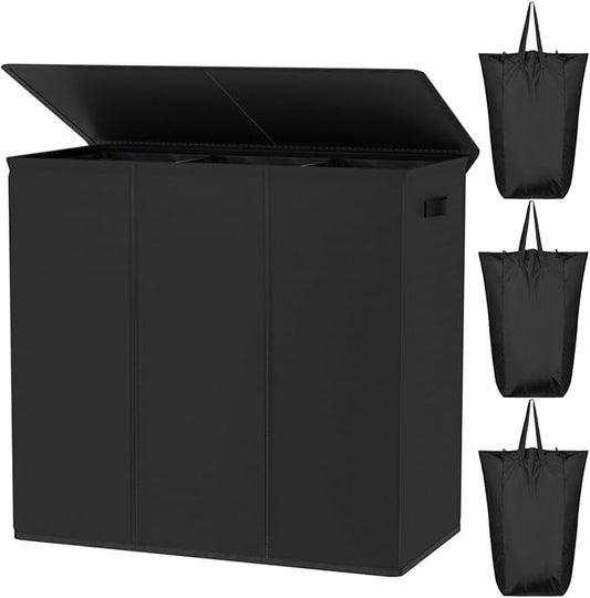 WOWLIVE 180L Laundry Hamper 3 Section, Large Laundry Basket with Lid | Dirty Clothes Hampers with Removable Bags and Handles, Collapsible Laundry Basket Organizer for Dorm Room, College, Black