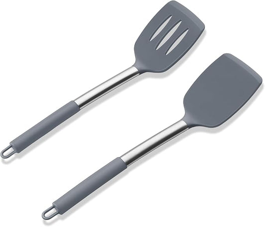 Silicone Spatula Set of 2, E-far Solid & Slotted Turner for Nonstick Cookware, Heat Resistant Rubber Kitchen Cooking Utensils for Flipping Fish Pancake Egg - Grey