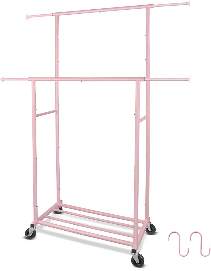 Fishat 48" W x 15" D x 67" H Portable Pink Double Rods Garment Clothes Rack | Metal Freestanding Hanging Organizer, Mobile Lockable Wheels, Portable Freestanding, for Storage, Drying, Bedroom