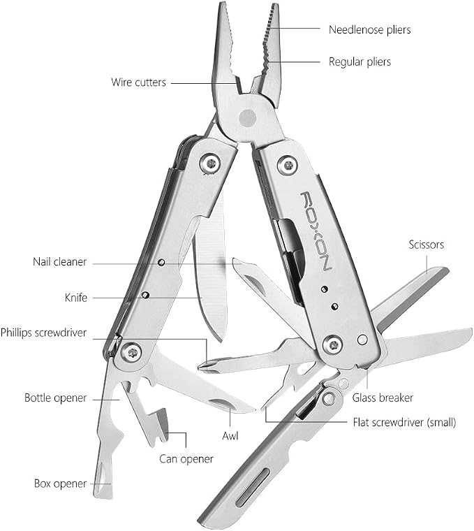 ROXON M2 14-in-1 Mini Multitool with Folding Scissors & 9pc Bits Set | Stainless steel construction. Bottle opener, screwdriver. Compact pocket tool for camping, hiking, and DIY repairs.