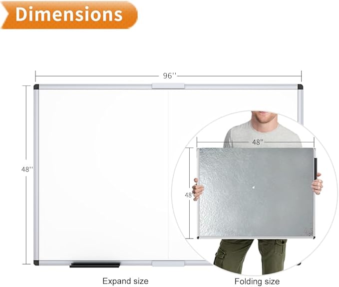 VIZ-PRO Large Magnetic Dry Erase Whiteboard, 96 x 48 Inches, Foldable | Silver Aluminum Frame, 8' x 4' Wall-Mounted White Board with Marker Tray for School Office and Home