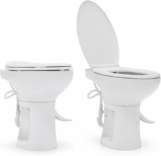 SEAFLO Porcelain RV Toilet with Sprayer Attachment - Elongated Bowl 19” Inch Residential Height, Gravity Flush, Foot Pedal Soft Close Seat Camper Motorhome Easy Install 4 -year Warranty SFRTCH-02-02