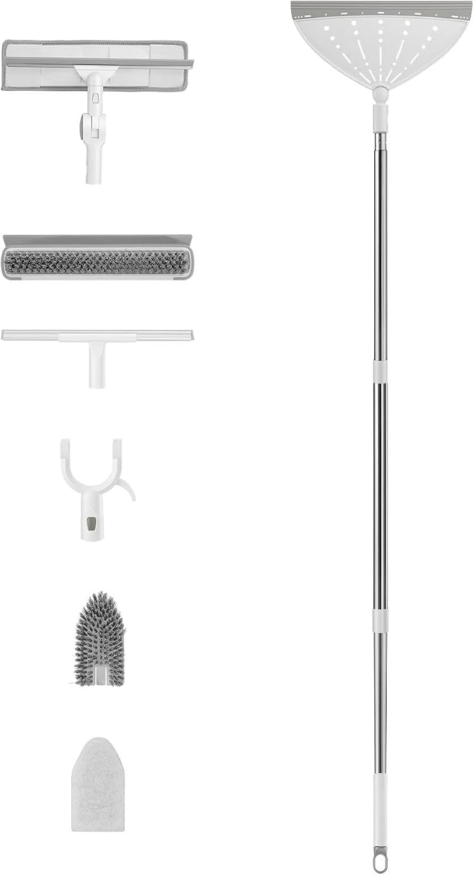7-in-1 Floor Scrub Brush Magic Silicone Broom Set with Long Handle | Tile Tub Scrubber Brush, V-Shaped Grout Brush, Clothes Hook Pole, 2 in 1 Window Cleaner Squeegee for for Shower Bathroom Wall
