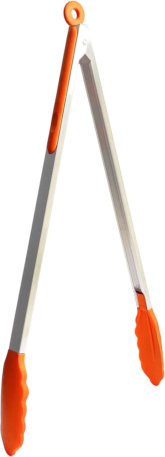 18 inch Extra Long Grill Tong (1 pcs orange), with Silicone Tip Head, Stainless Steel Barbecue Tongs with Long Handle, Large Sized Food Tong, Extended Serving Tong