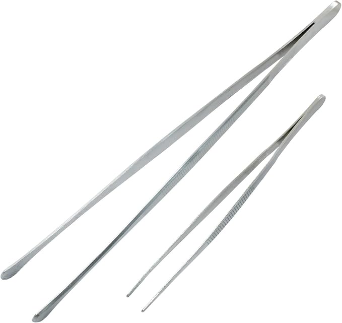 2Pcs Kitchen Tweezers Tongs, Cooking Tweezers, Chef Tweezers professional, Long Handle Food Tweezers, Stainless Steel Tweezers for Culinary, Bar, BBQ, Plating (12"Round Tip + 8"Point Tip Sets)