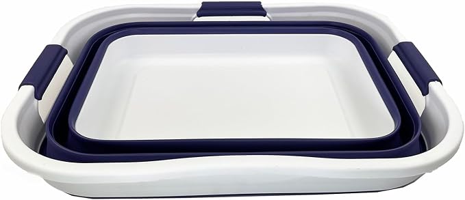 SAMMART 30L (8 gallons) Collapsible Plastic Laundry Washing Tub/Basket-Portable Pop Up Storage Container/Organizer-Foldable Laundry Hamper-Space Saving (1, White/Navy Blue)