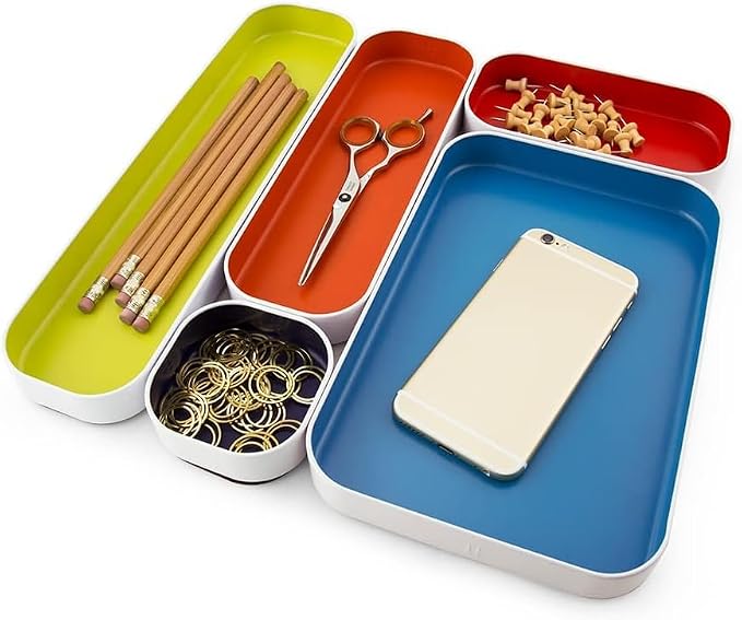 Three by Three Seattle Metal Drawer Organizer Tray Set, 5-Pc, 1" (Assorted) | Colorful 1" metal bins; food-safe; soft non-scratch base; kitchen, bathroom, vanity, desk & office drawers