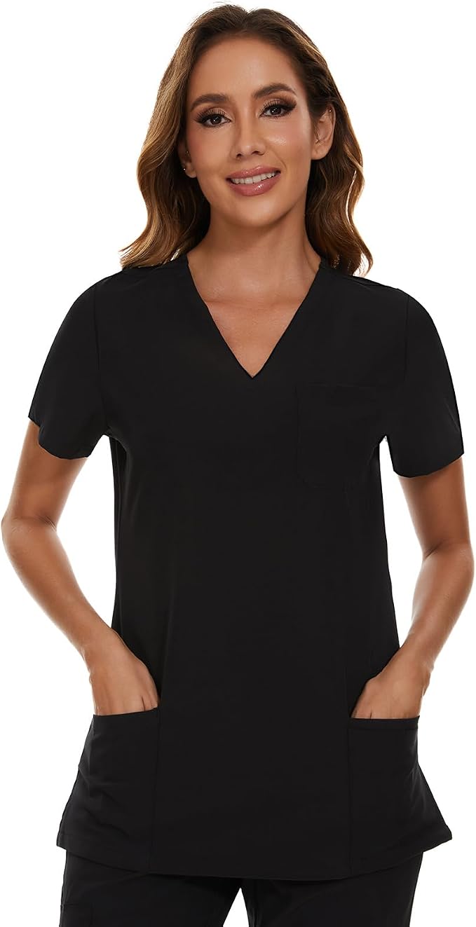 Scrubs Tops for Woman - Soft Stretch, V-Neck Tops | 3 Pockets, Side Split Design, Short Sleeve, Breathable & Lightweight Nursing Shirt, Easy-Care Fabric for All-Day Comfort