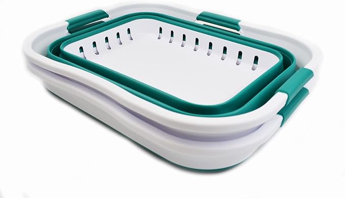 SAMMART Set of 2-30L (8 gallon) Collapsible Plastic Laundry Basket - Foldable Pop Up Storage Container/Organizer - Space Saving Hamper/Basket (2, White/Dark Green)