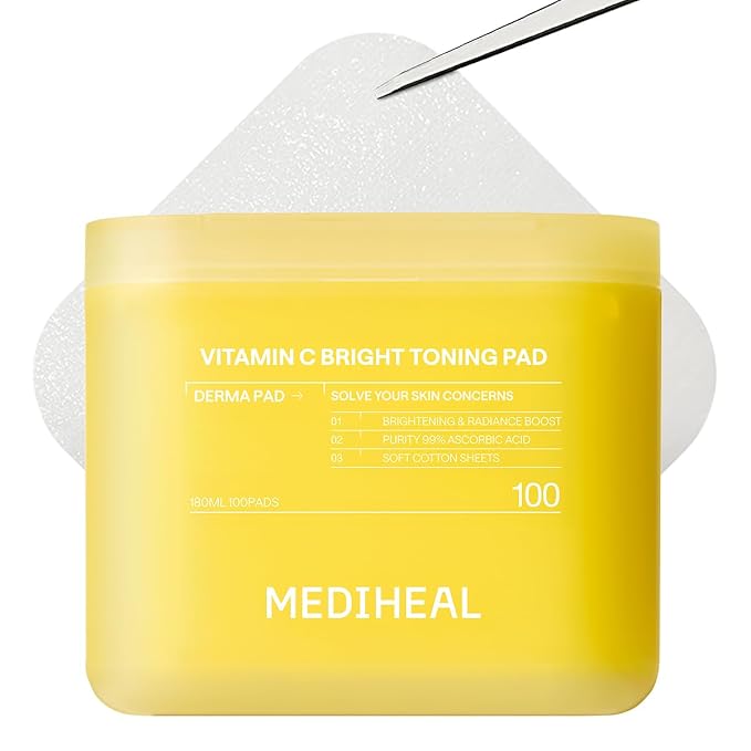 MEDIHEAL Vitamin C Bright Toning Toner Pads, Uneven Skin Toning (100 Count) | with Niacinamide, Glutathione | Dark Spot, Radiance, Skin Tone Care | Plastic-Free Vegan Pads | Korean Derma Toner Pads