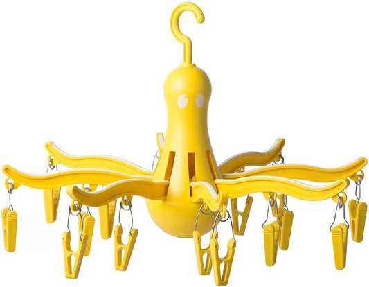 PRESSA Hanging Dryer 16 Clothes Clips Octopus Laundry Dryer Foldable Hanging Drying Rack 8 Claw Peg Hanger Space Saving Indoor Outdoor Clothes Airer (Yellow)