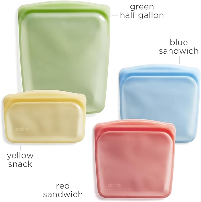 Stasher Silicone Reusable Storage Bags, 4-Pack, Reusable Freezer Bags, Microwave, Dishwasher, Oven Safe, Sous Vide, Premium Lunch Containers, Eco Friendly, Food Storage Bags, Snack Bags, Multicolor