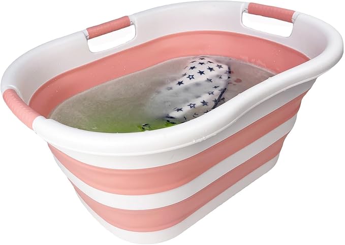 SAMMART 40L (10.5 gallon) Collapsible Plastic Laundry Hamper - Foldable Pop Up Storage Container/Organizer - Portable Washing Tub - Space Saving Basket (1, White/Quartz Pink)