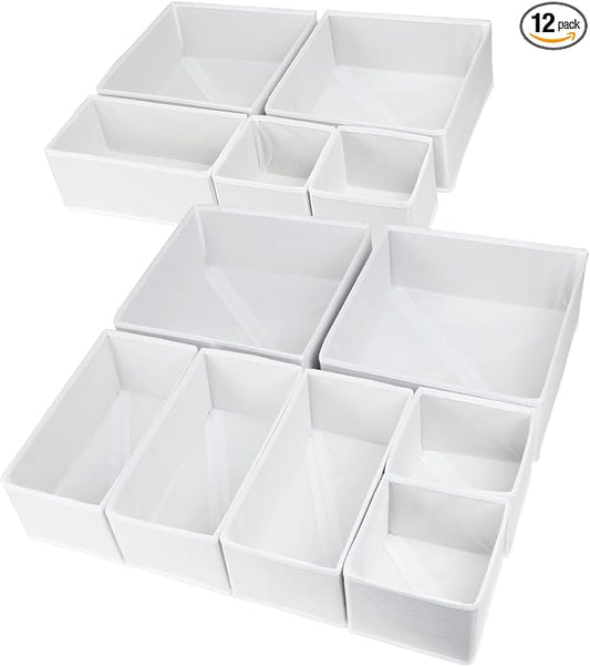 Fordonral 12 Pack Drawer Organizer Clothes, Foldable Fabric Dresser Organizer Closet Organizers and Storage Box for Underwear,Folded Clothes,Baby Clothing,Socks,Bra,Towels,Ties(12 Pack,White)