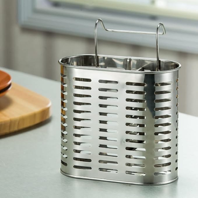 Stainless Steel Hanging 2 Compartments Mesh Utensil Drying Rack/Chopsticks/Spoon/Fork/Knife Drainer Basket Flatware Storage Drainer
