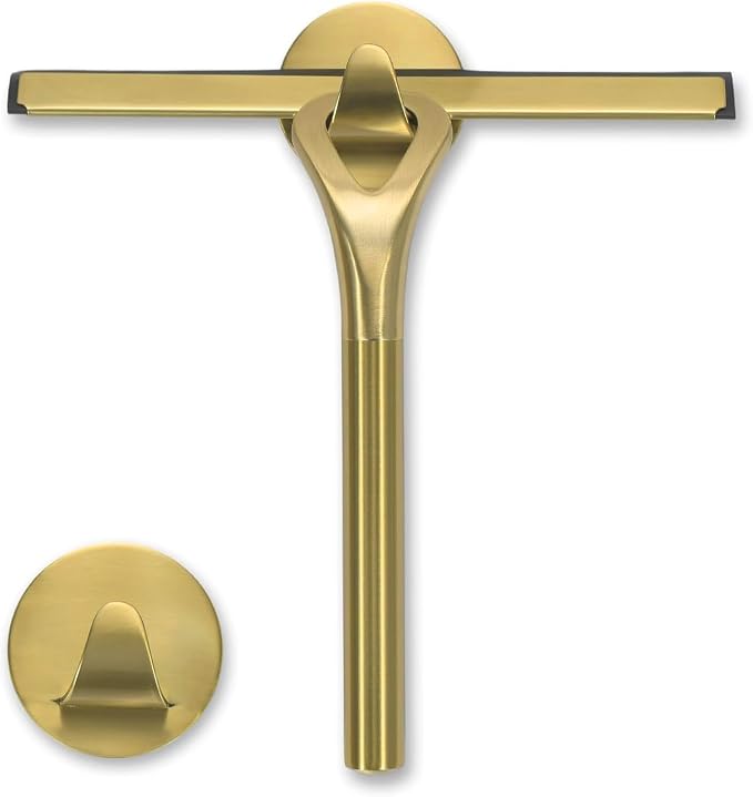 Gold Squeegee for Shower Glass 8.9x8.7in Brushed Stainless Steel | Shower Squeegee for Glass Doors,Leaves No Streaks, Rust-Resistant, Multi-surface Cleaning, Non-slip Handle, Comes with a Hook