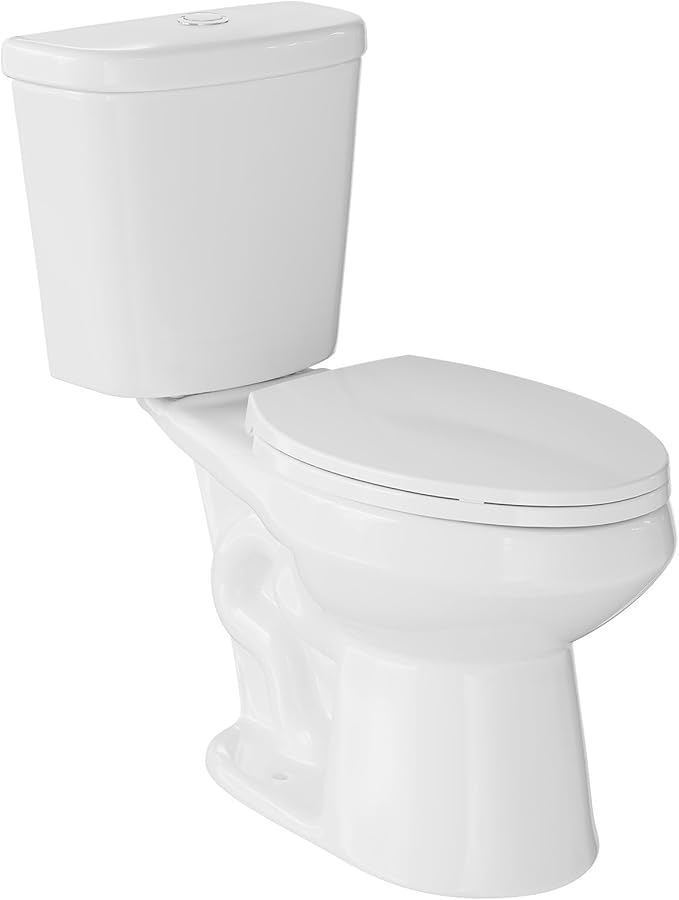 Two Piece Toilet, 17" Elongated with Upgraded Flushing, Dual Flush Buttons (Top Mounted), Includes Soft-Close Seat & Hardware, White, 12" Rough-in