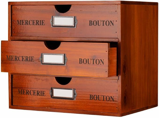 Large Wooden Drawers Wooden Box with Drawer Brown | 3 Drawer Storage Box for Apothecary Cabinet, Apothecary Drawers，Desktop Organizer with Metal Handles for Office，Home
