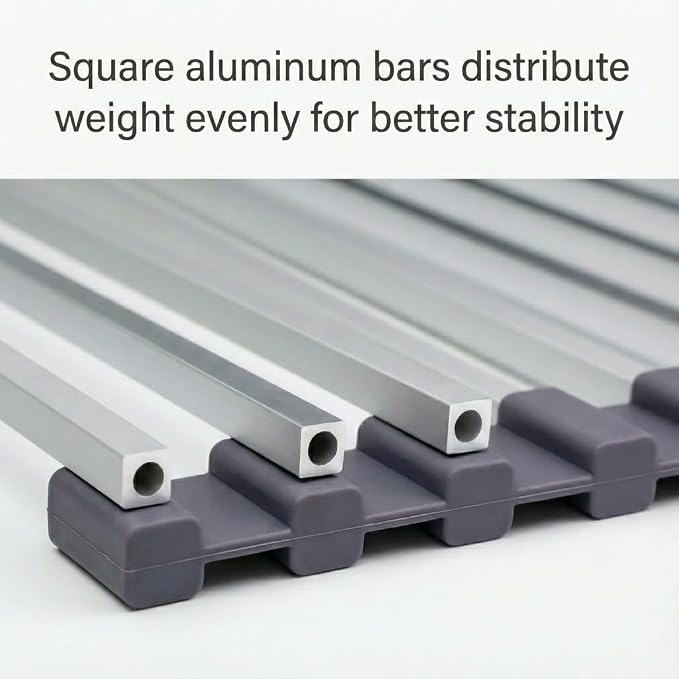 Small Aluminum Roll Up Dish Drying Rack with Removable Dish Holder (9" × 13") for Camping, RV, Camper, Boat & Narrow Sinks, Rust-Proof Square Bar, Purple Gray