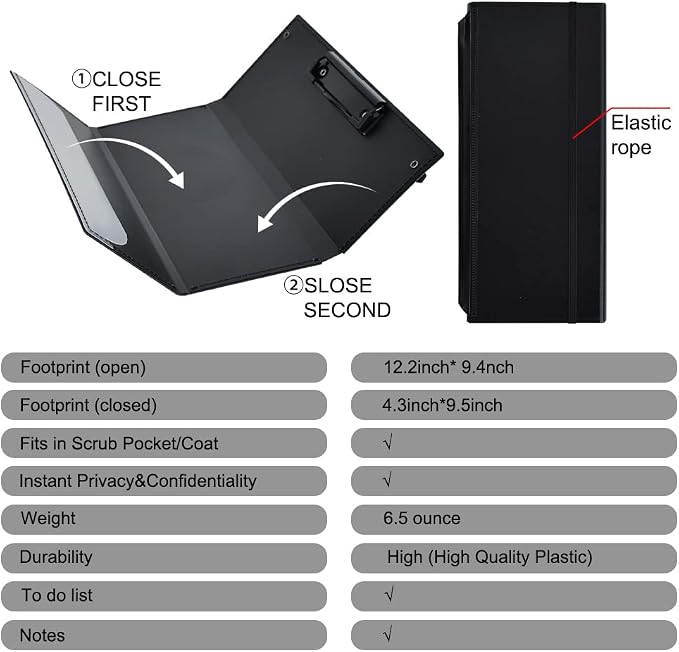 Vuzvuv Black Foldable Nursing Clipboard Nurse Clip Board-1pcs 3 Layers | Sturdy Lightweight Plastic, Fits Pockets/Bags, Built-In Medical Cheat Sheets, for Nurses, Doctors, Medical Students