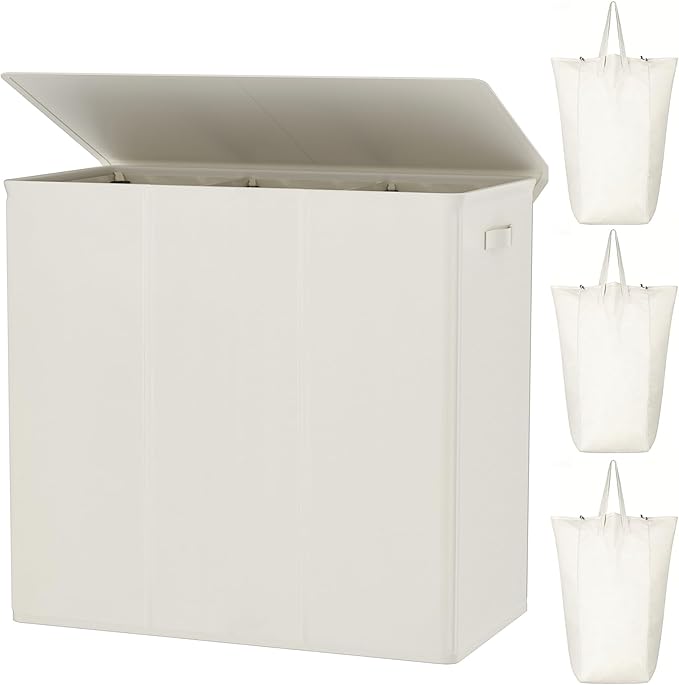 WOWLIVE 180L Laundry Hamper 3 Section, Large Laundry Basket with Lid | Dirty Clothes Hampers with Removable Bags and Handles, Collapsible Laundry Basket Organizer for Dorm Room, College, Beige
