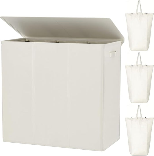 WOWLIVE 180L Laundry Hamper 3 Section, Large Laundry Basket with Lid | Dirty Clothes Hampers with Removable Bags and Handles, Collapsible Laundry Basket Organizer for Dorm Room, College, Beige