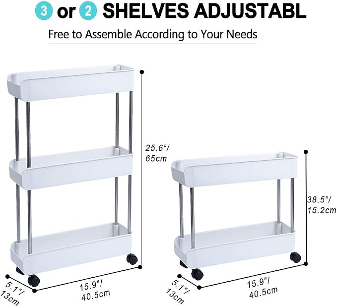 3-Tier Slim Mobile Shelving Unit on Wheels, Slide Out Rolling Bathroom Storage Organizer, Utility Carts Shelf Rack for Kitchen Bathroom Laundry Room Narrow Places, White