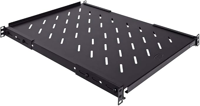 Vented 4-Post Shelf, Adjustable, Black, 650 mm Depth, 1U, 242 lbs, Cold Rolled Steel, CE Compliant