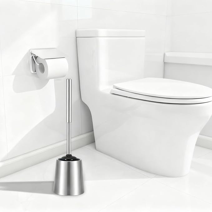 SUS304 Stainless Steel Toilet Brush and Holder Silicone Bathroom Brush TPE Brush Head Toilet Cleaner for Bowl Bathroom Cleaning Brush Caddy with Oily Coating Brushed Chrome