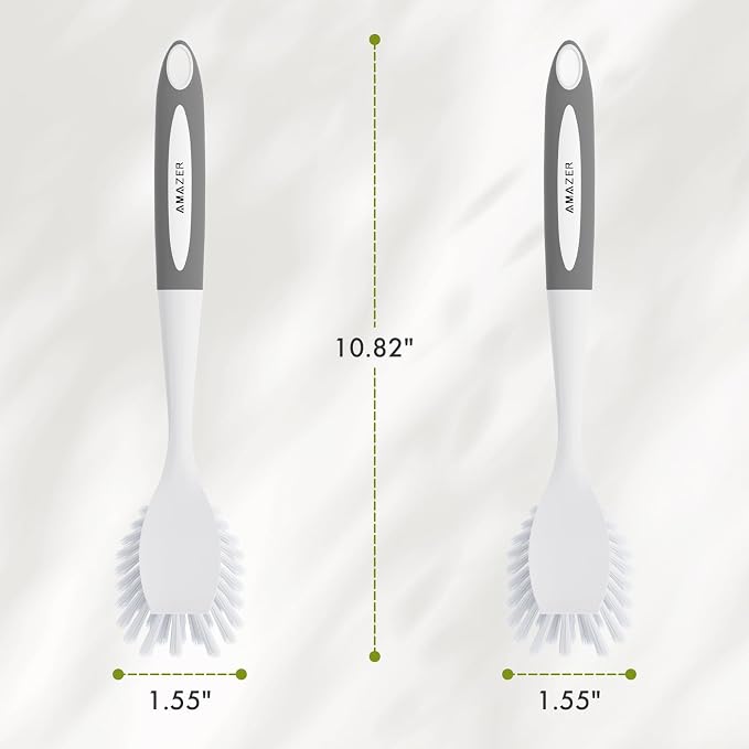 Amazer Dish Brush with Handle, 2 Pack Kitchen Scrub Brushes for Cleaning, Dish Scrubber with Stiff Bristles for Sink, Pots, Pans (Grey+Grey)