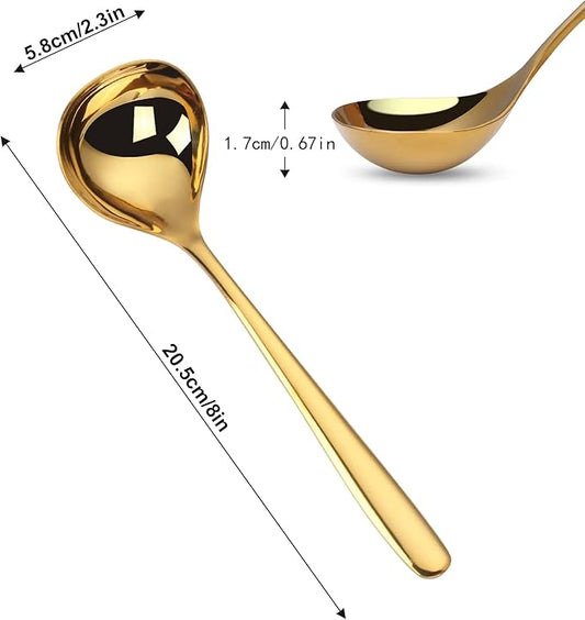 Comicfs 2 Pack Gold Gravy Ladle, SUS 304 Stainless Steel Soup Ladle, Small Soup Ladle, Sauce Ladles, Small Serving Ladles for Stirring, Mirror finished Soup Spoon and Dishwasher Safe 8-Inch (Gold)